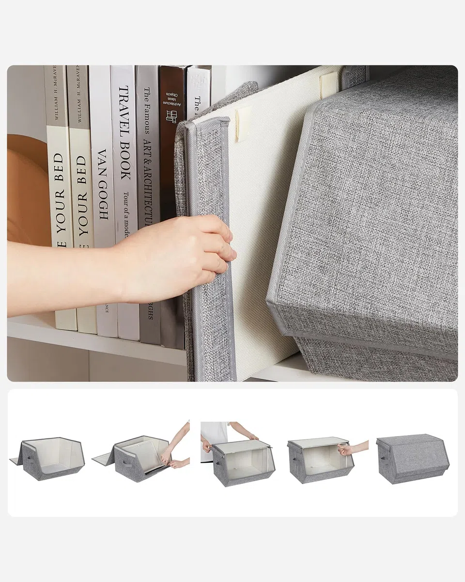 SONGMICS Juego de 4 Cajas de Almacenamiento con Tapas, Apilables, Cubos de Almacenamiento con Cierres Magnéticos, Tela, Marco de Metal, para Ropa, Libros, Gris RLB22GY