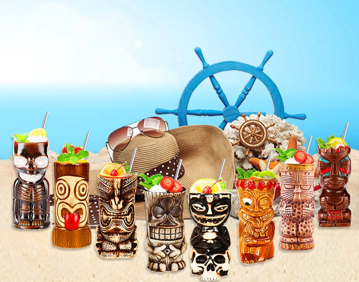 Tiki – Taza–Tiki Tazas Set De 8–Vasos De CóCtel Tiki De CeráMica–Copas De Bar Tiki –Fiesta Hawaiana–Copas Tropicales Premium Para Fiestas ExóTica