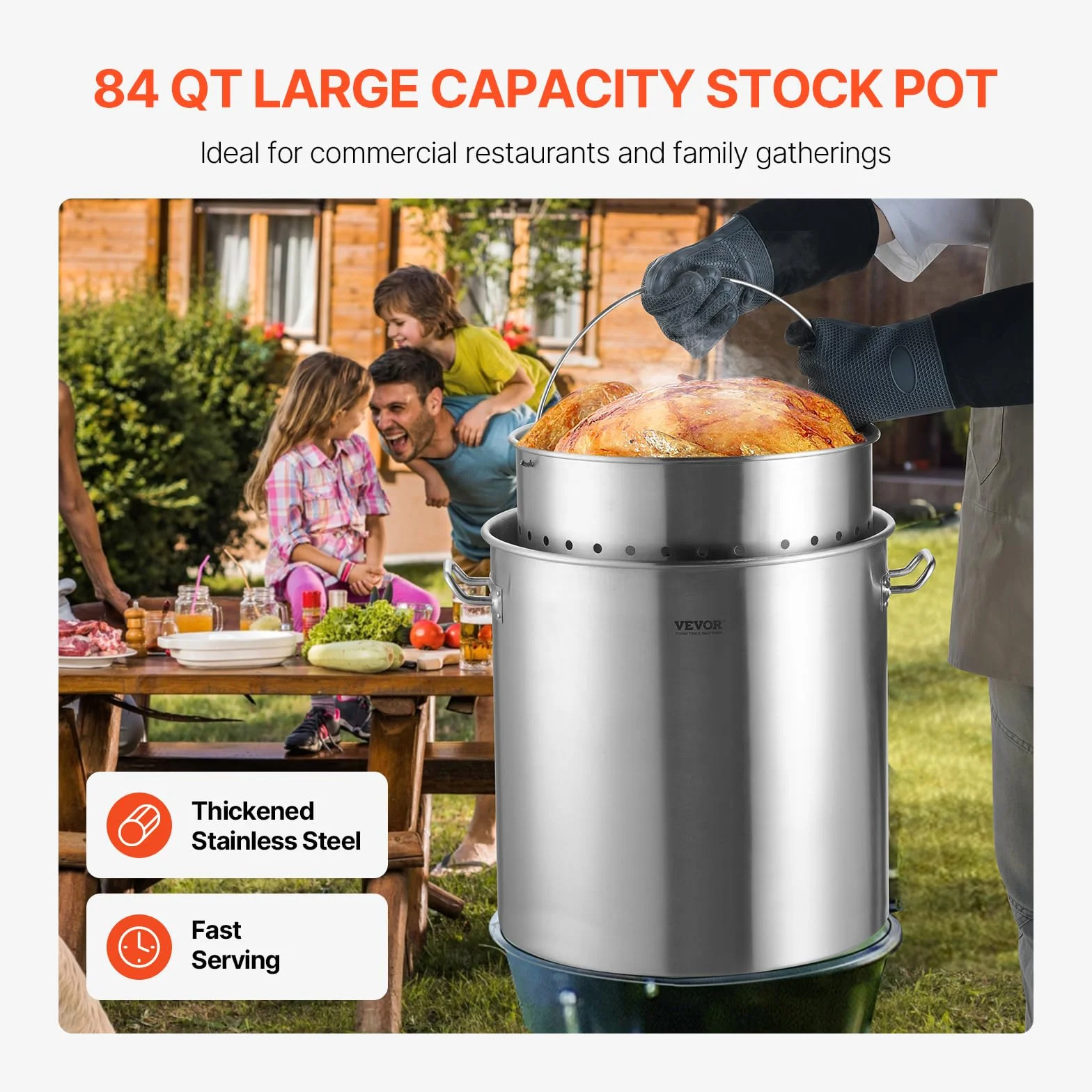 VEVOR Olla Grande de Acero Inoxidable de 79,5 L, para Salsa con Canasta, Tapa y Asa, Olla Comercial Resistente, Tratamiento de Lijado, para Eventos de Grupos Grandes, Plata, 450 x 485 mm