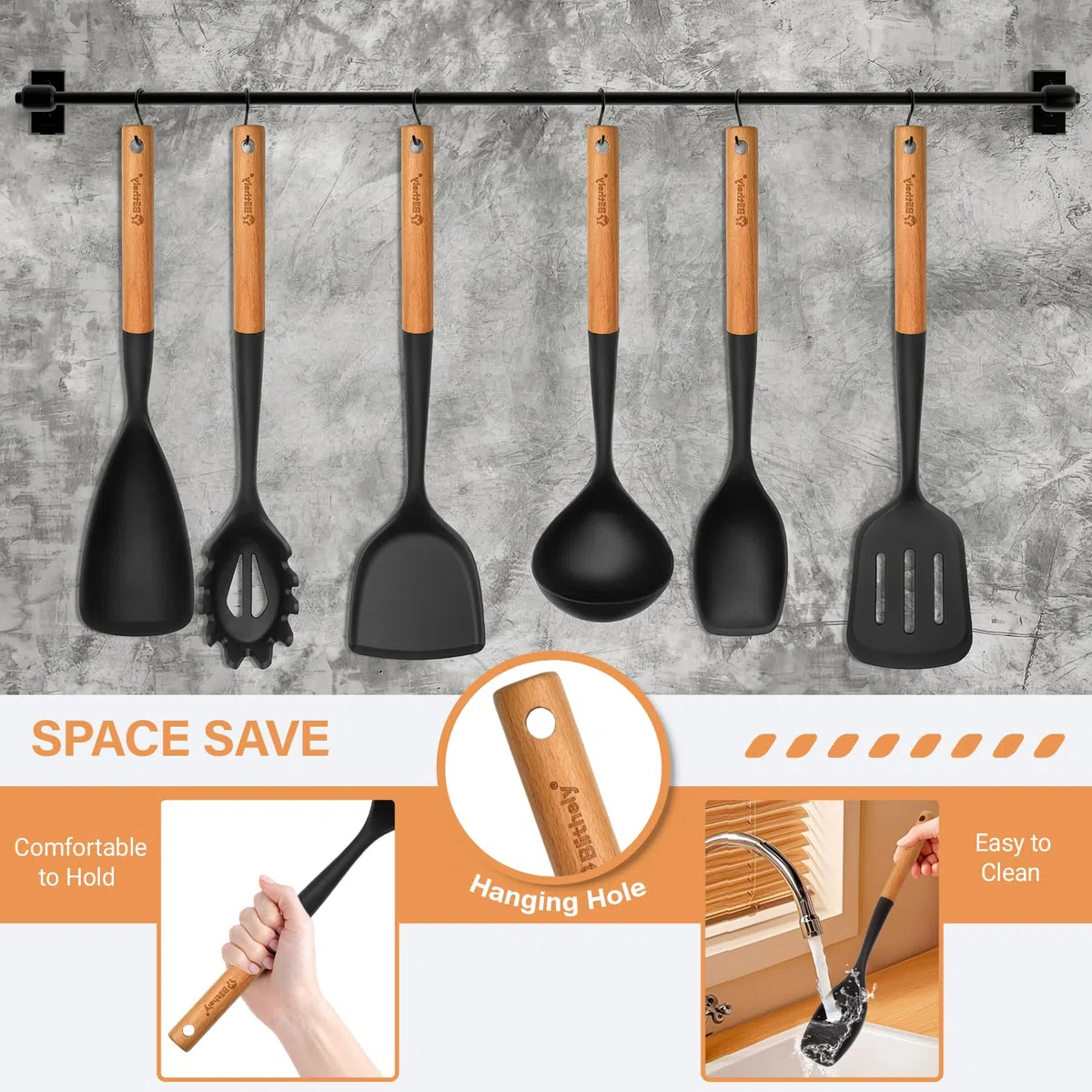 Juego de utensilios de cocina de silicona grande de 25 piezas con soporte, juego de utensilios de cocina sin BPA con mango de madera, espátulas de silicona resistentes al calor con espátula para