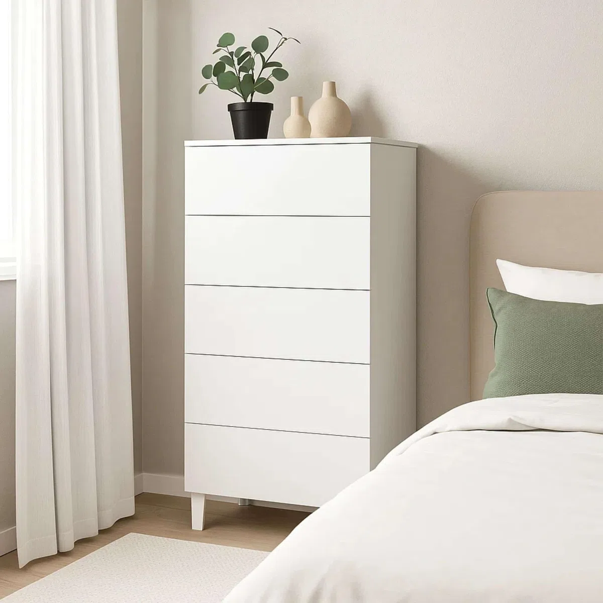 Habitdesign Cómoda 5 Cajones, 117x61x40 (AltoxAnchoxFondo-en cm), Sinfonier Dormitorio Color Blanco Brillo, Modelo Loft