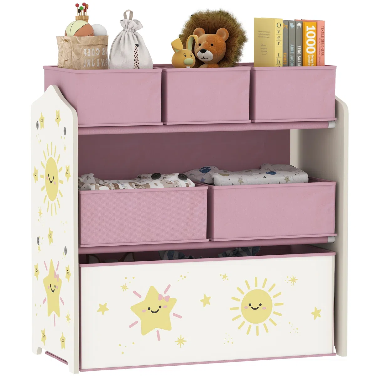AIYAPLAY Estantería Infantil para Juguetes, con 6 Cajas Extraíbles de Tela no Tejida, Organizador de Juguetes de 3 Niveles, para Habitación Infantil, Sala de Juegos, Guardería, 63x30x66 cm, Rosa