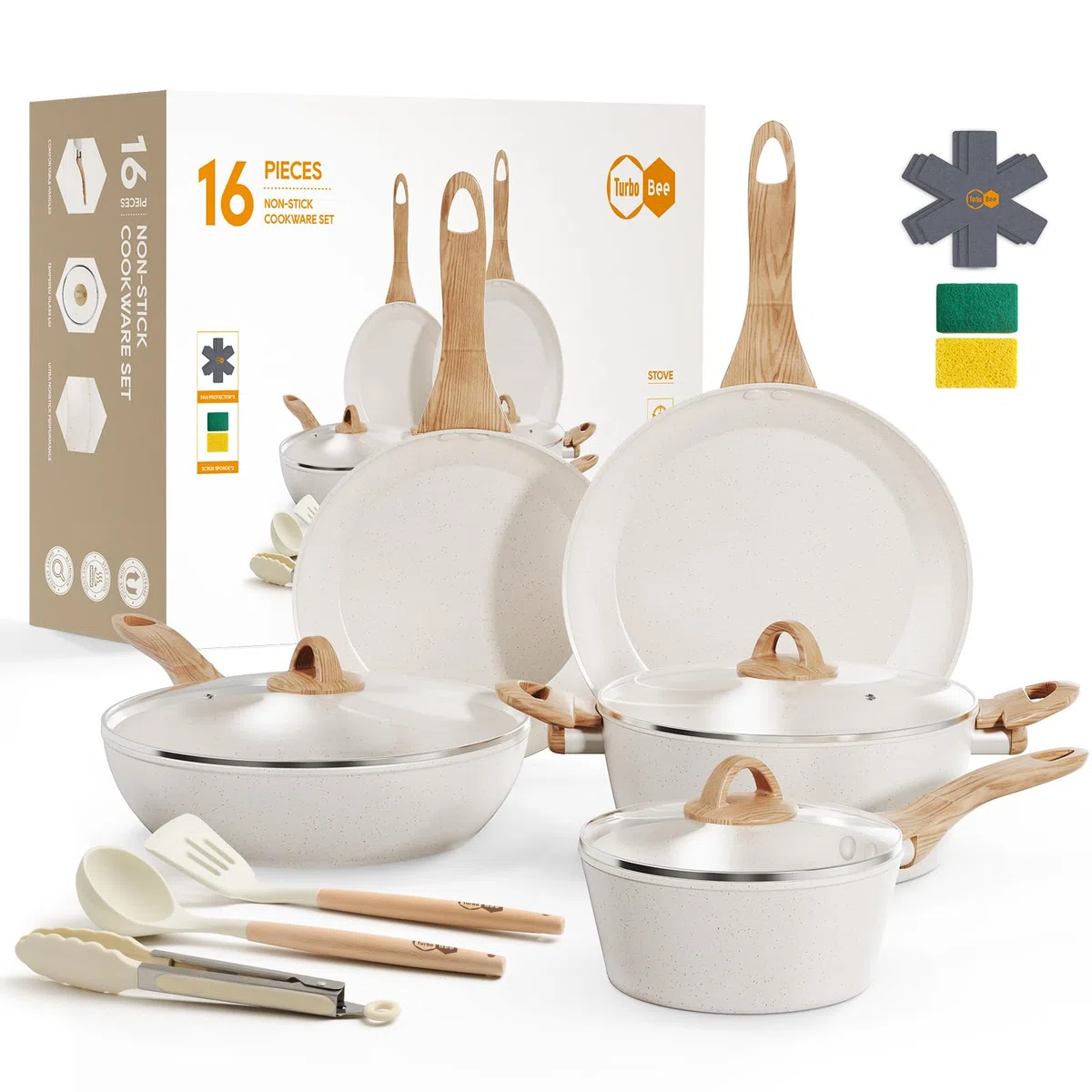 Juego de ollas y sartenes antiadherentes, juego de 16 utensilios de cocina antiadherentes, juego de utensilios de cocina de inducción blancos con juego de sartenes, cacerolas, sartén, cacerola