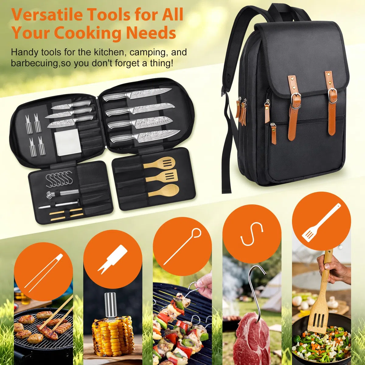 Juego de Cuchillos de Cocina Utensilios para Barbacoa Camping Picnic | Incluye 7 Cuchillos, Afilador e Fundas, Accesorios BBQ, Espátula para Risotto, Espátula Ranurada, Cuchara, Pinzas de Cocina