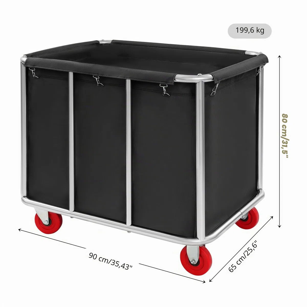 Carro para la colada, 90 x 65 x 80 cm, acero inoxidable, con ruedas, capacidad de carga de 200 kg, para hoteles, hospitales, lavandería (negro)