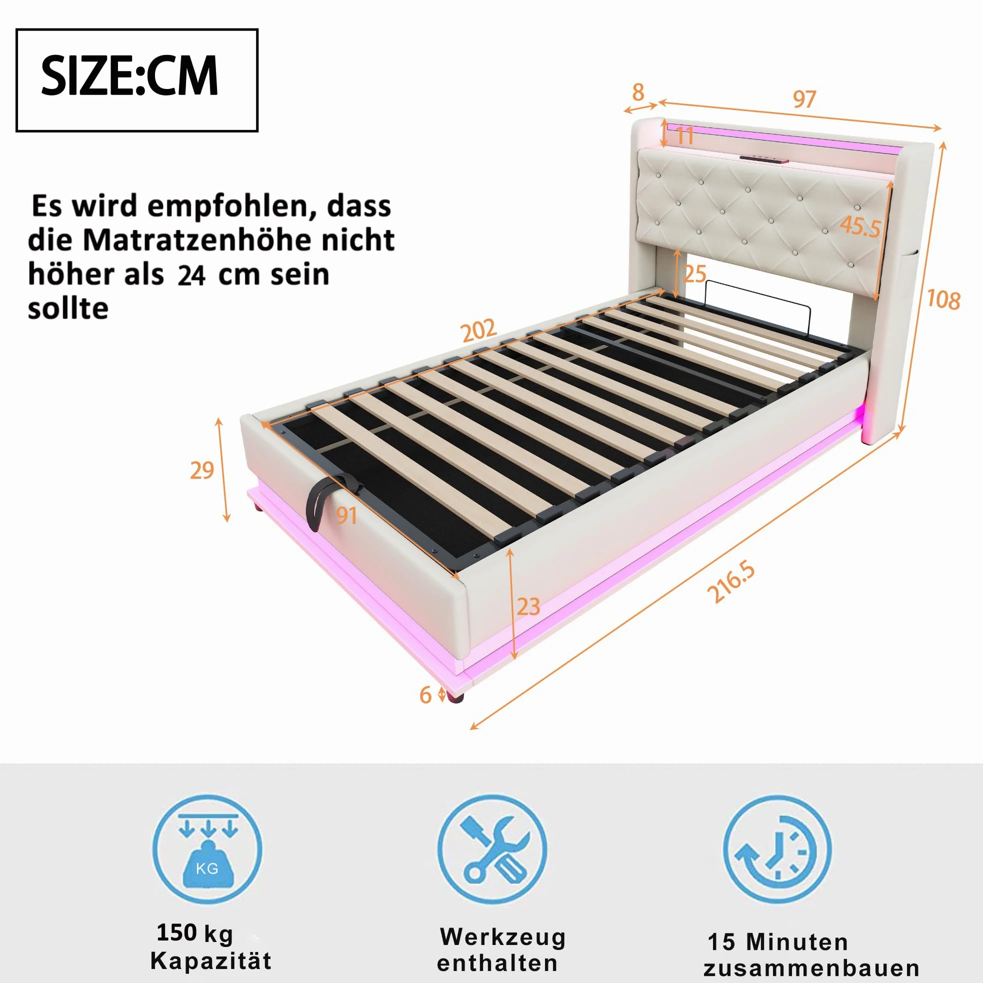 Cama Tapizada Cama Infantil 90x200 cm con Luz LED y USB, Camas Juveniles Individual con Cabecero Reversible y Almacenamiento Hidráulico, Estructura Camas Individuales, Lino, Sin Colchón, Beige