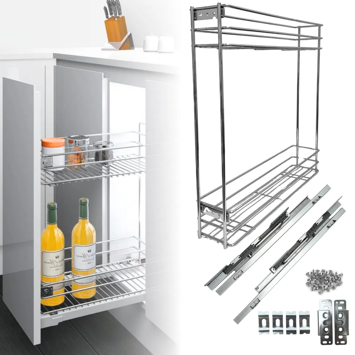 Evotrade - Cesta extraíble para módulo de 30 cm con guías de extracción total, carro deslizante amortiguado de acero inoxidable, portabotellas y tarros, ideal para cocinas y despensa