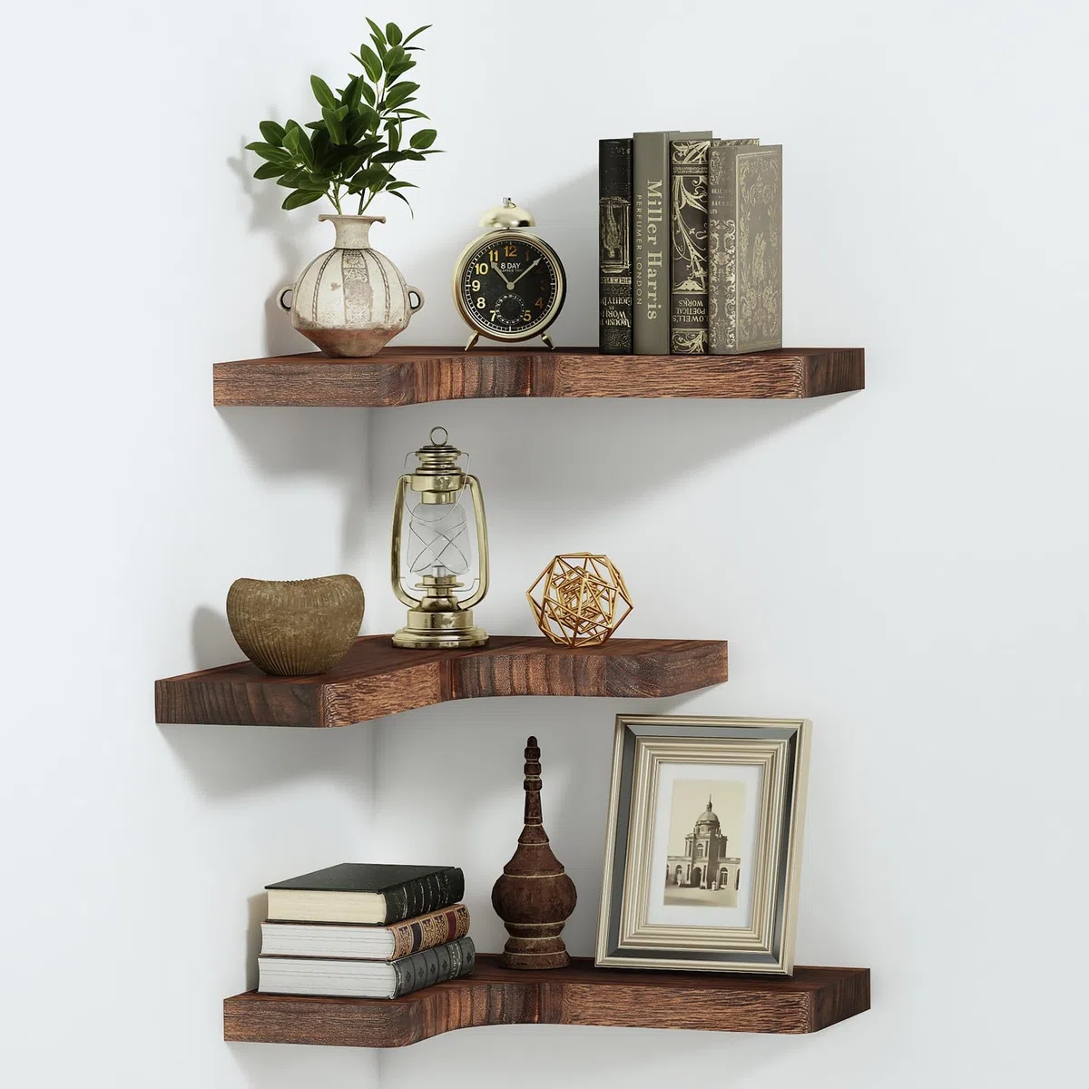 SAUMONIERES Estantes flotantes de esquina para montaje en pared, madera maciza para dormitorio, baño, cocina, almacenamiento, juego de 3, marrón rústico, soportes invisibles