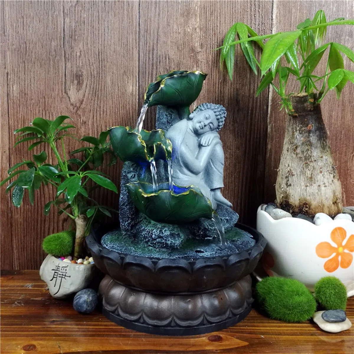 Fuentes de Mesa con Buda Sentado en Interiores: Pequeña Fuente de meditación Zen para Escritorio, Cascada de Agua para la Oficina en casa, Sala de Estar o Dormitorio,Gris,Buddha C