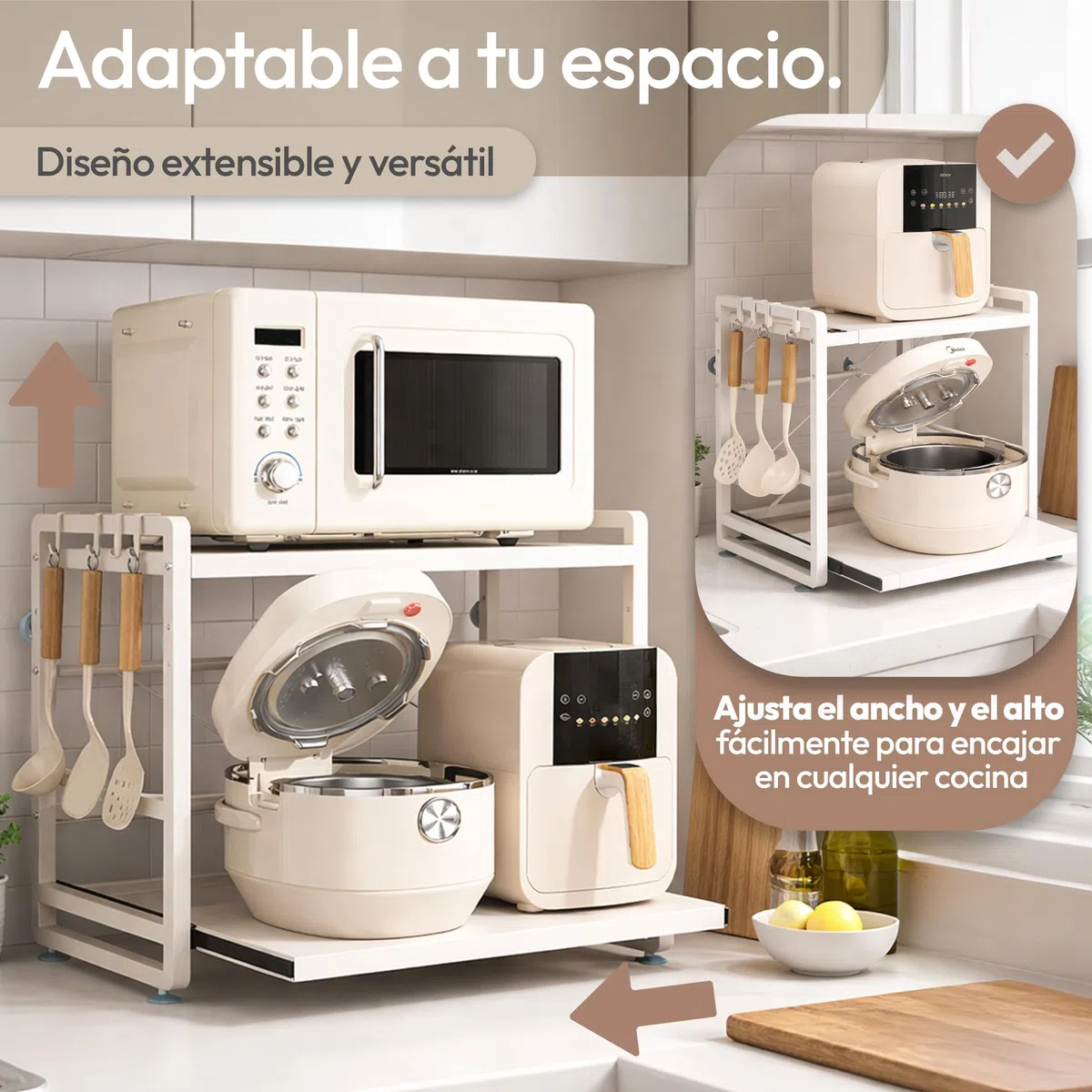 Soporte Ajustable para Microondas Blanco con Bandeja Extraíble, Estante Extensible Antideslizante con Ventosas, Organizador de Cocina Firme, Alta Resistencia y Gran Capacidad de Carga