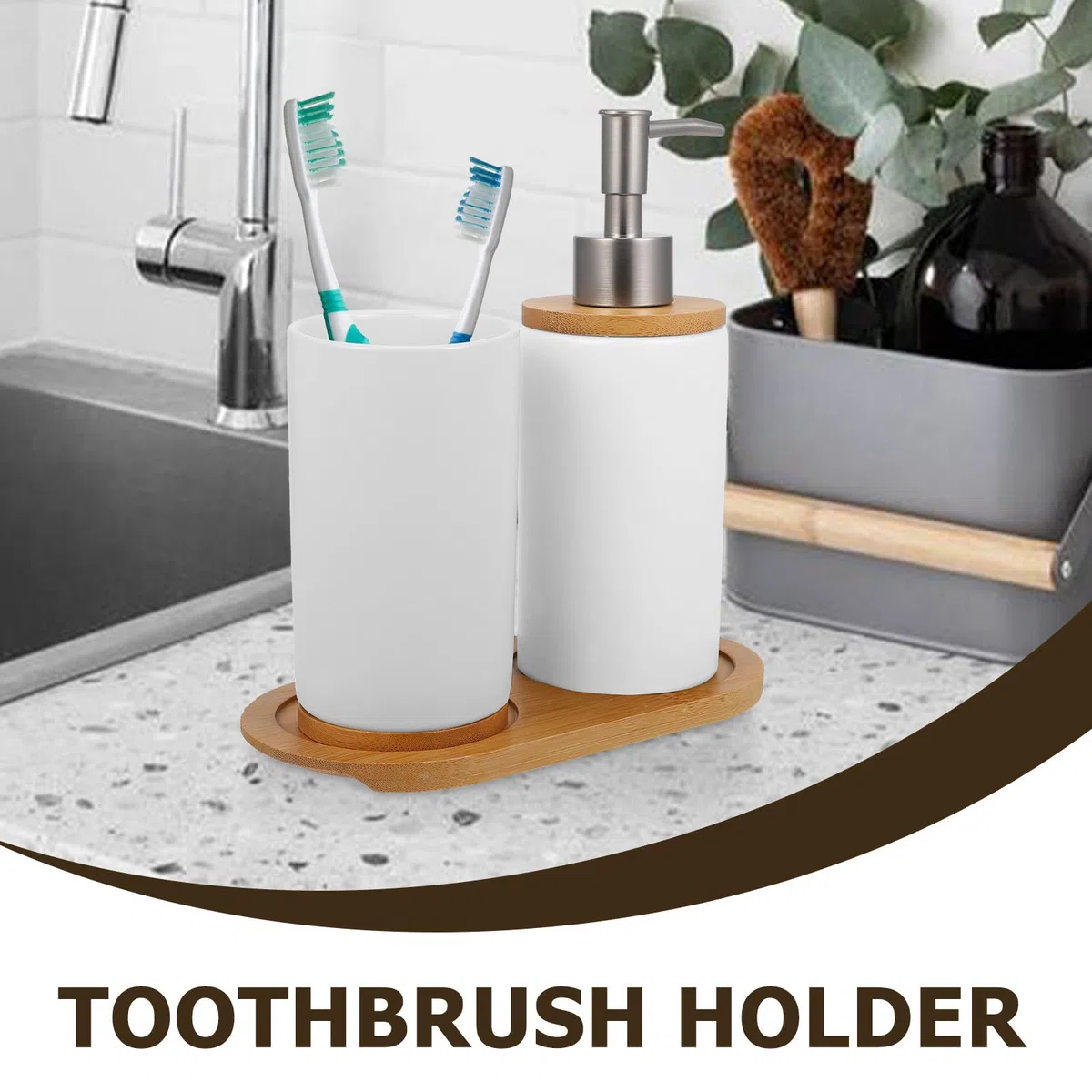 Yardwe Juego de Accesorios para Baño Cerámico Blanco 3 Piezas (Vaso 350ml, Dispensador 430ml, Base) Set para Cepillo de Dientes y Dispensador de Jabón Recargable para Baño Hogar