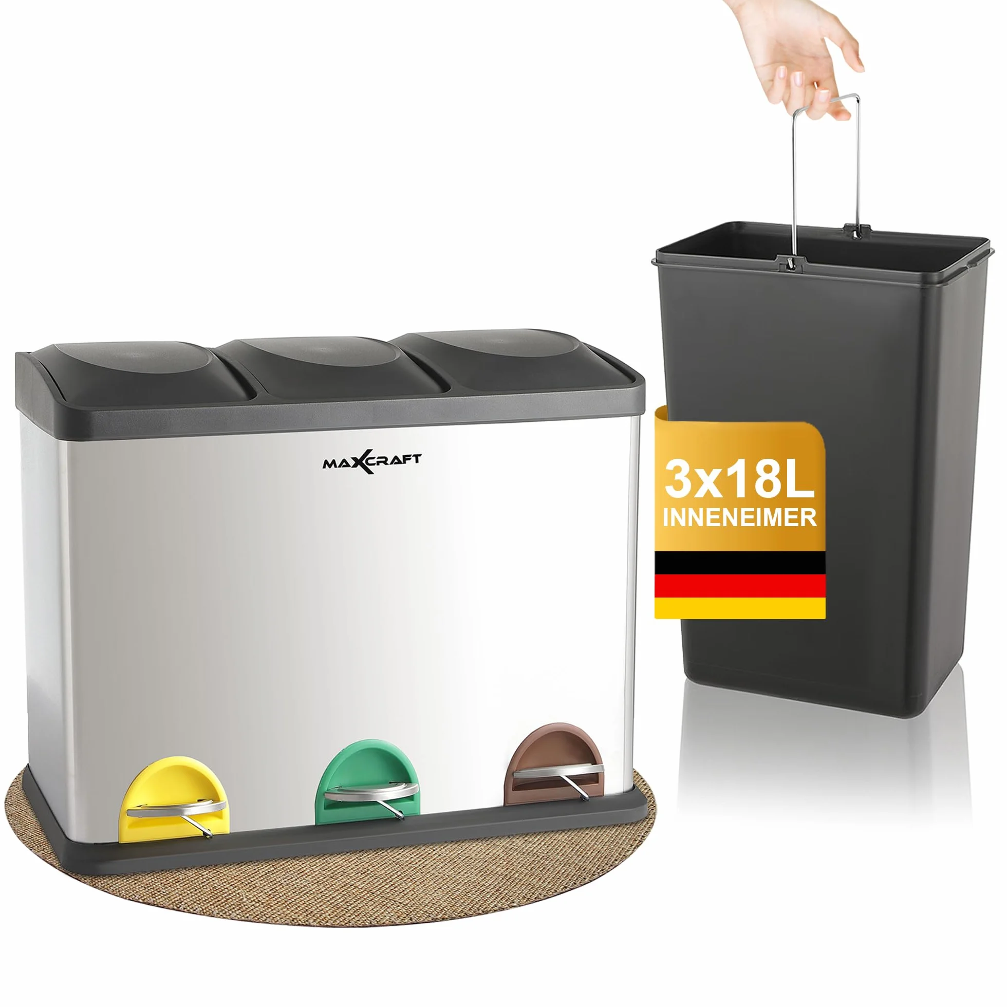 Cubo de basura Cubo de Reciclaje Basurero Acero Inoxidable Cocina 3 Contenedores con Tapas Capacidad para 54 litros (3 x 18 litros)