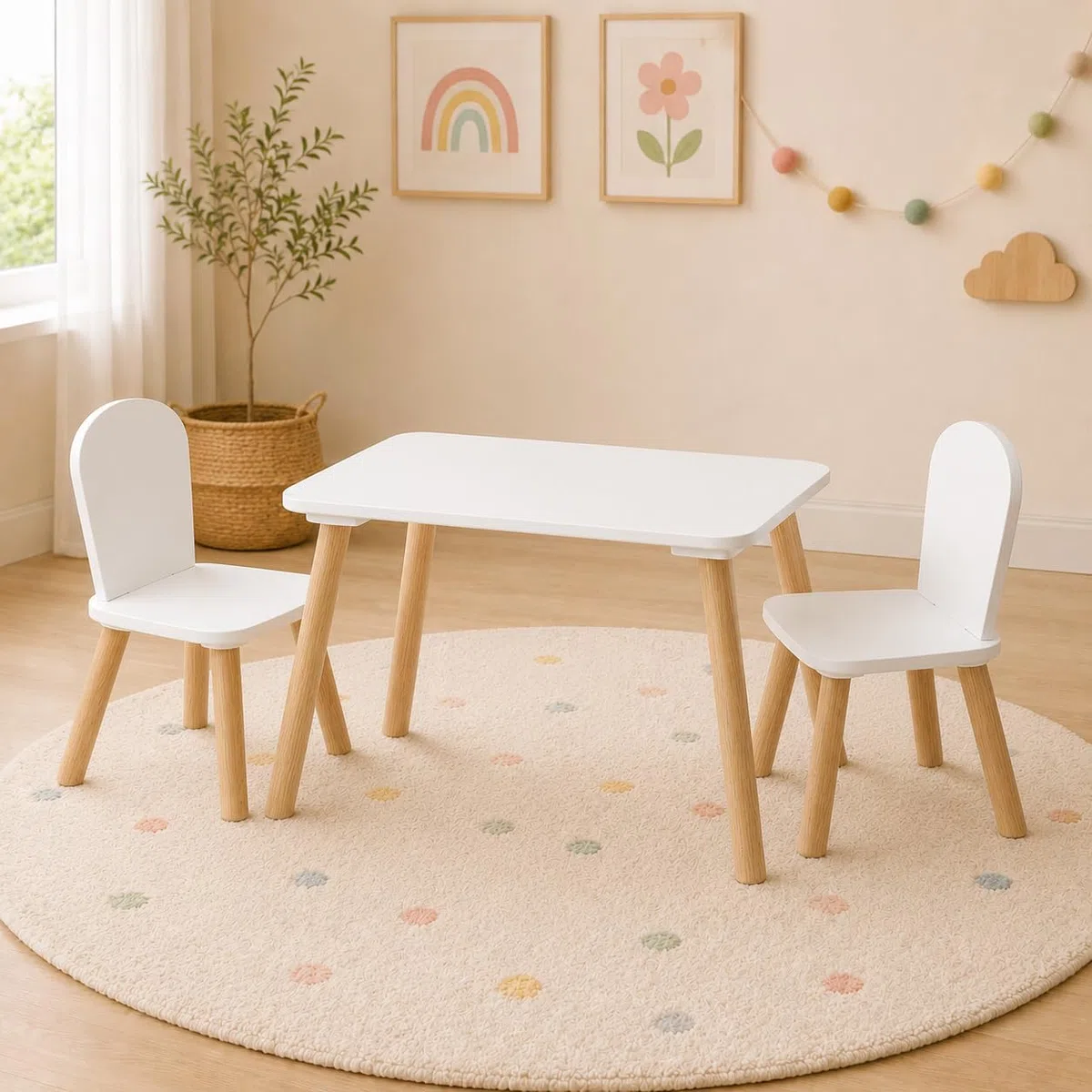 Acomoda Textil - Set Infantil de Mesa y 2 Sillas para Niños, Conjunto de Muebles para Dormitorio, Sala de Juegos o Guardería, Ideal para Dibujar, Leer, Estudiar, Jugar y Manualidades. (Blanco)