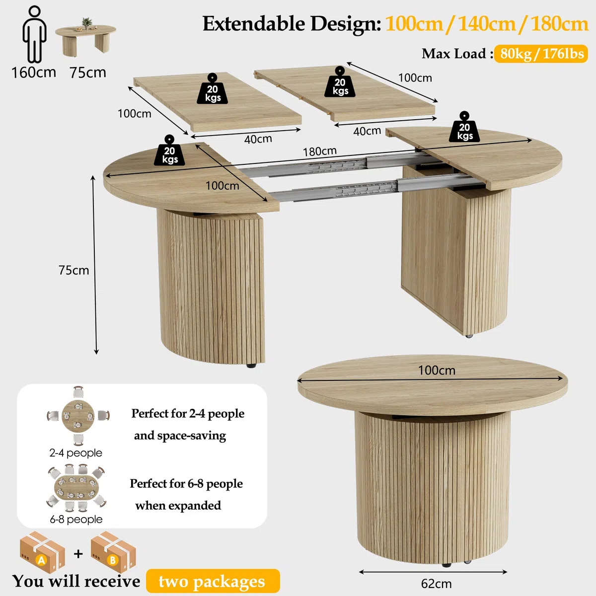 MSFE Mesa Comedor Extensible Mesa Redonda para 4-8 Personas Moderna Mesa de Cocina Ovalada Mesa Extensible Cocina Madera para la Sala de Estar y el Comedor, Sala de reuniones Ø100-180x100x75CM