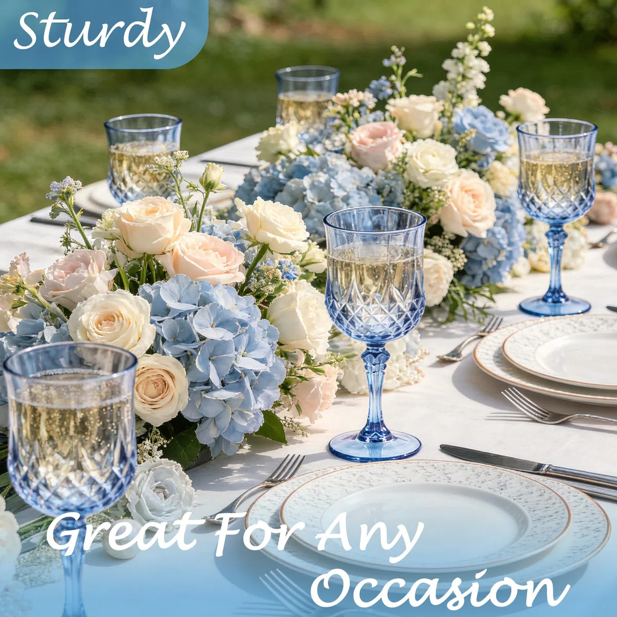 Paquete de 24 copas de vino de plástico, copas vintage de 7 onzas para boda | Vaso reutilizable de cristal irrompible, elegante vaso azul para fiesta, aniversario y celebración de vacaciones