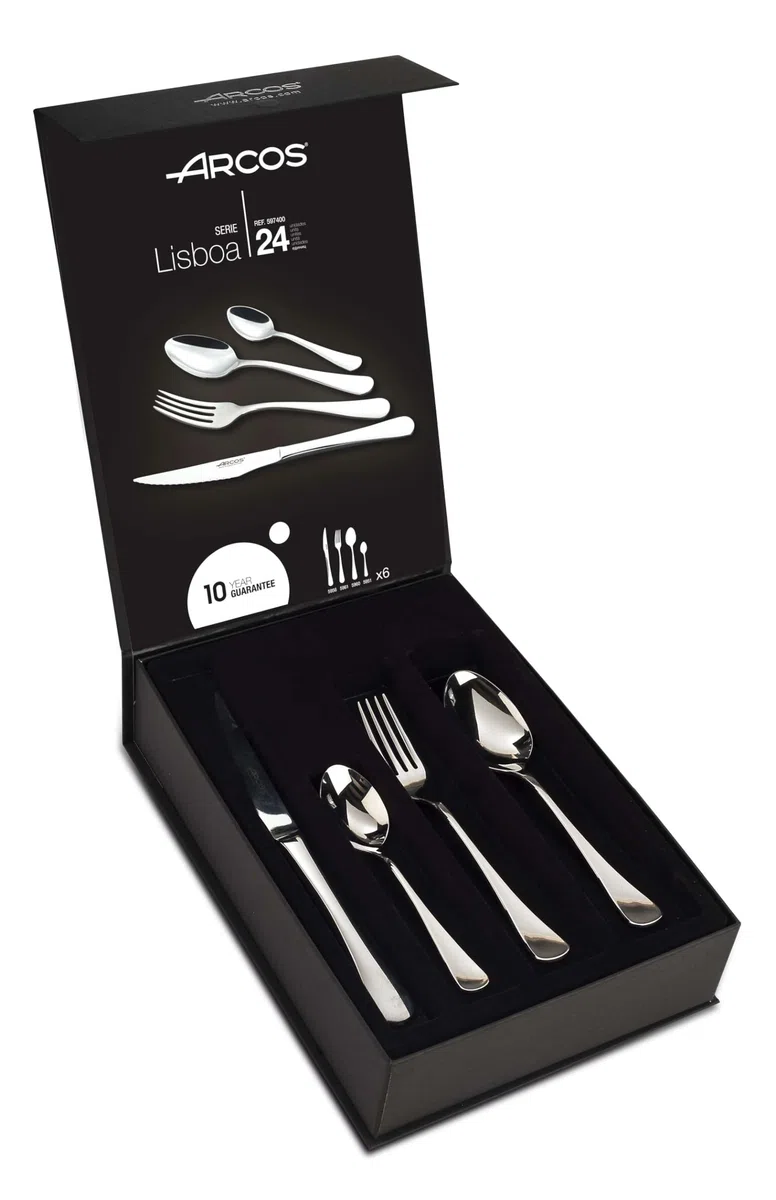 Arcos Serie Lisboa - Cubertería de 24 piezas en Caja de Regalo (6 Cuchillos + 12 Cucharas + 6 Tenedores) - Monoblock de una pieza en Acero Inoxidable - Color Plata