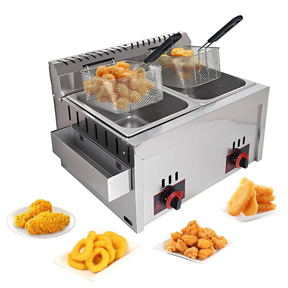 Freidora industrial con filtración de aceite para papas fritas, ideal para restaurantes y cocinas domésticas