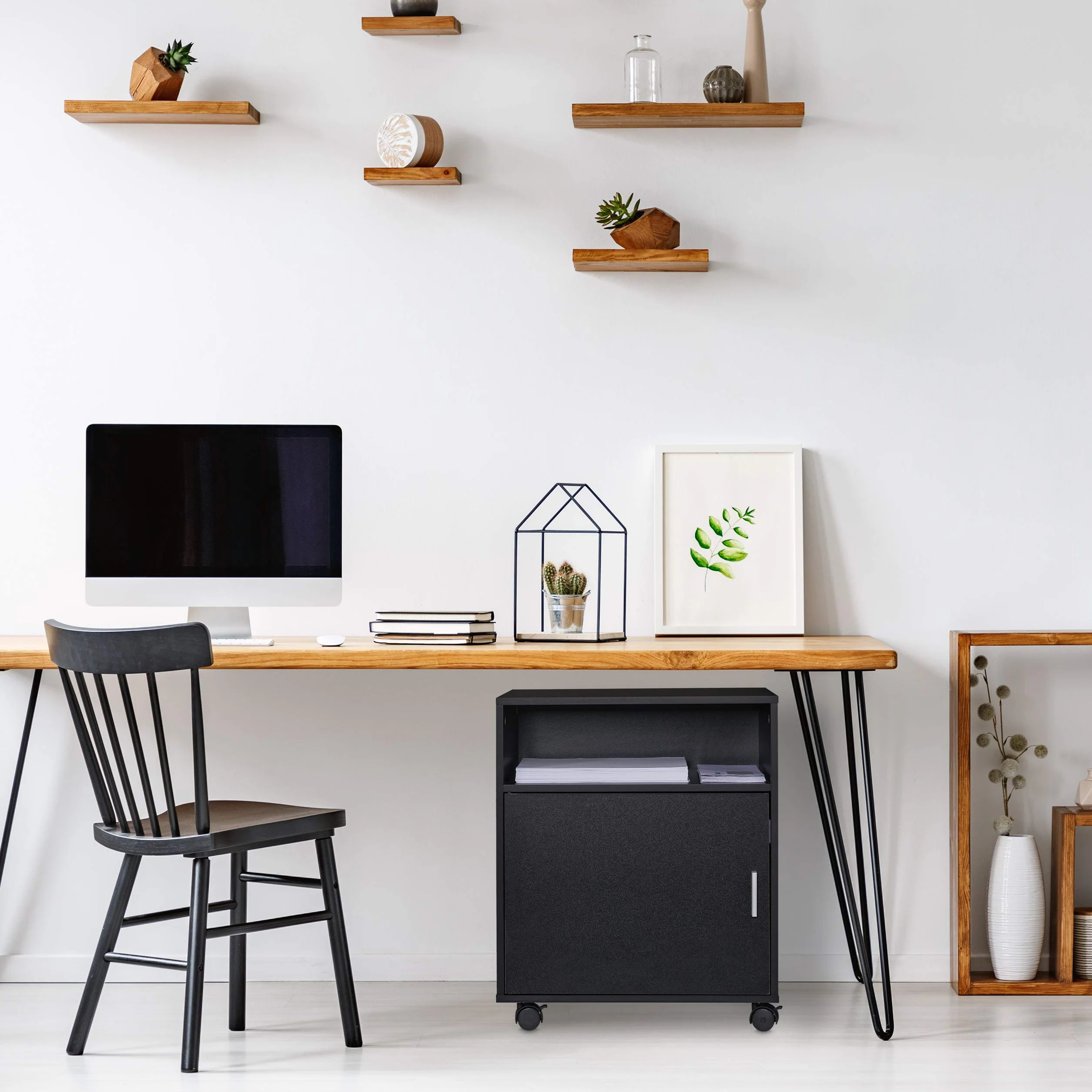 Relaxdays Mueble Auxiliar Impresora 3 Compartimentos y Puerta, Oficina y Teletrabajo, Ruedas, 57 x 48 x 34 cm, Negro