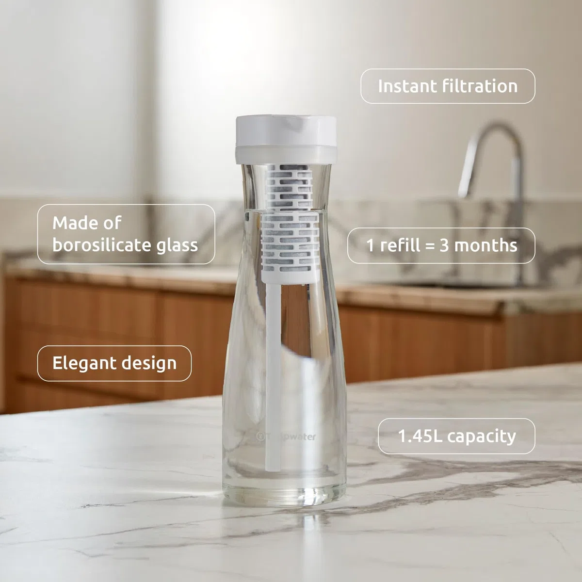 Tappwater PitcherPro SMR Jarra Filtradora de Agua Premium - jarra agua cristal 1,45L, filtración instantánea y con minerales esenciales añadidos, Elimina Cal y +60 Sustancias, Diseño Elegante