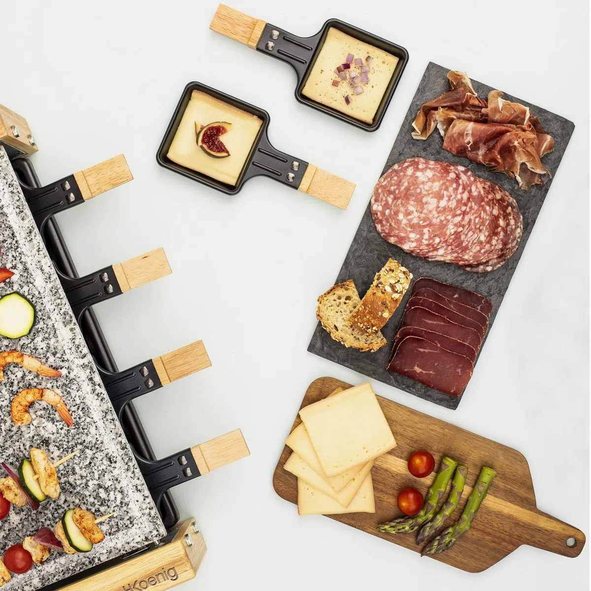 H.Koenig Raclette Multifunción 8 personas WOD8 Diseño en madera natural, Piedra de granito extraíble, Set profesional de fondue de queso raclette, 8 sartenes antiadherentes, 8 espátulas de madera