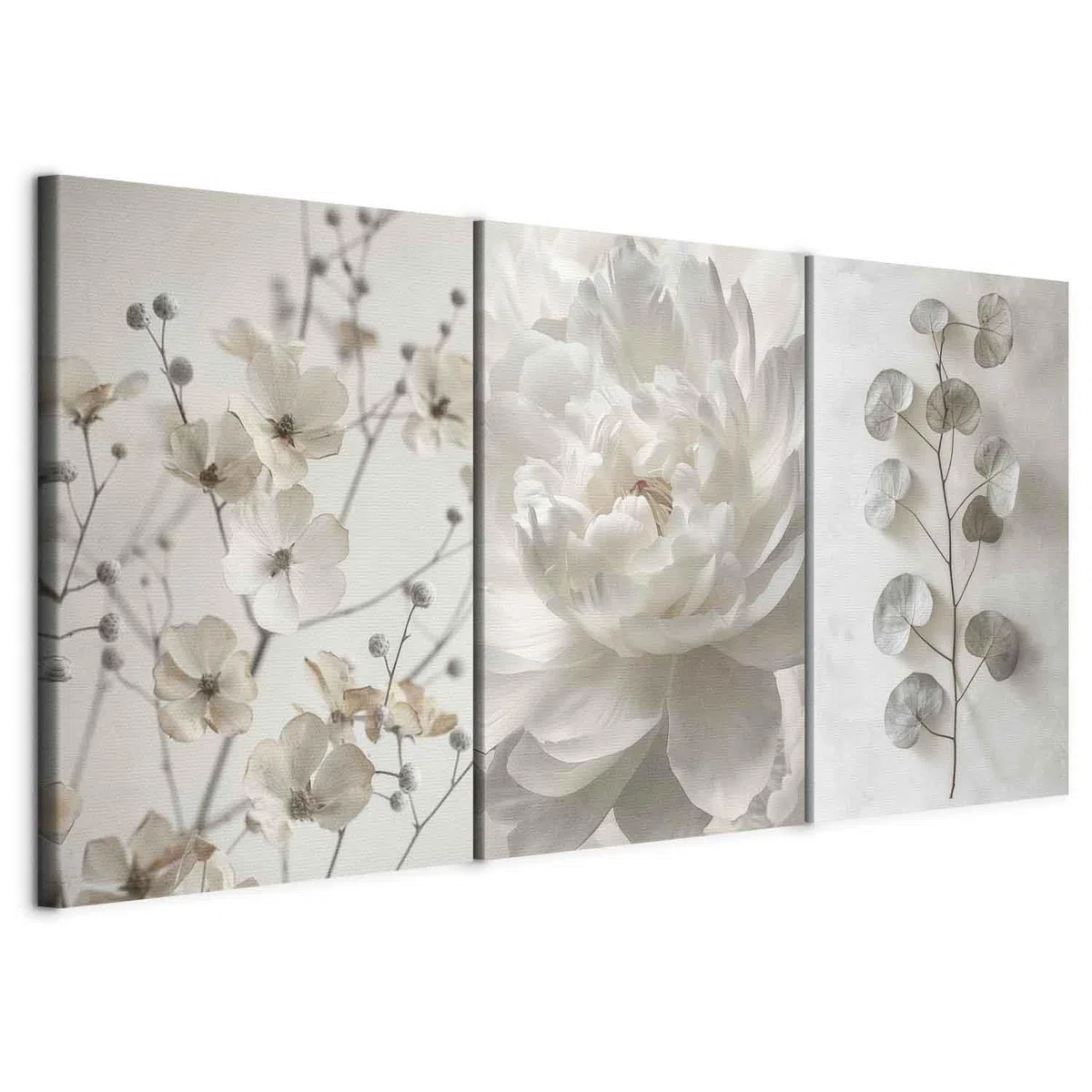 murando - Set De 3 Cuadros Collage Peonía blanca 120x60 cm 3 Piezas | 40x60 cm Cada - Conjunto De 3 - Cuadro Para Pared Bodegón Pintura Lienzo Habitacion Matrimonio