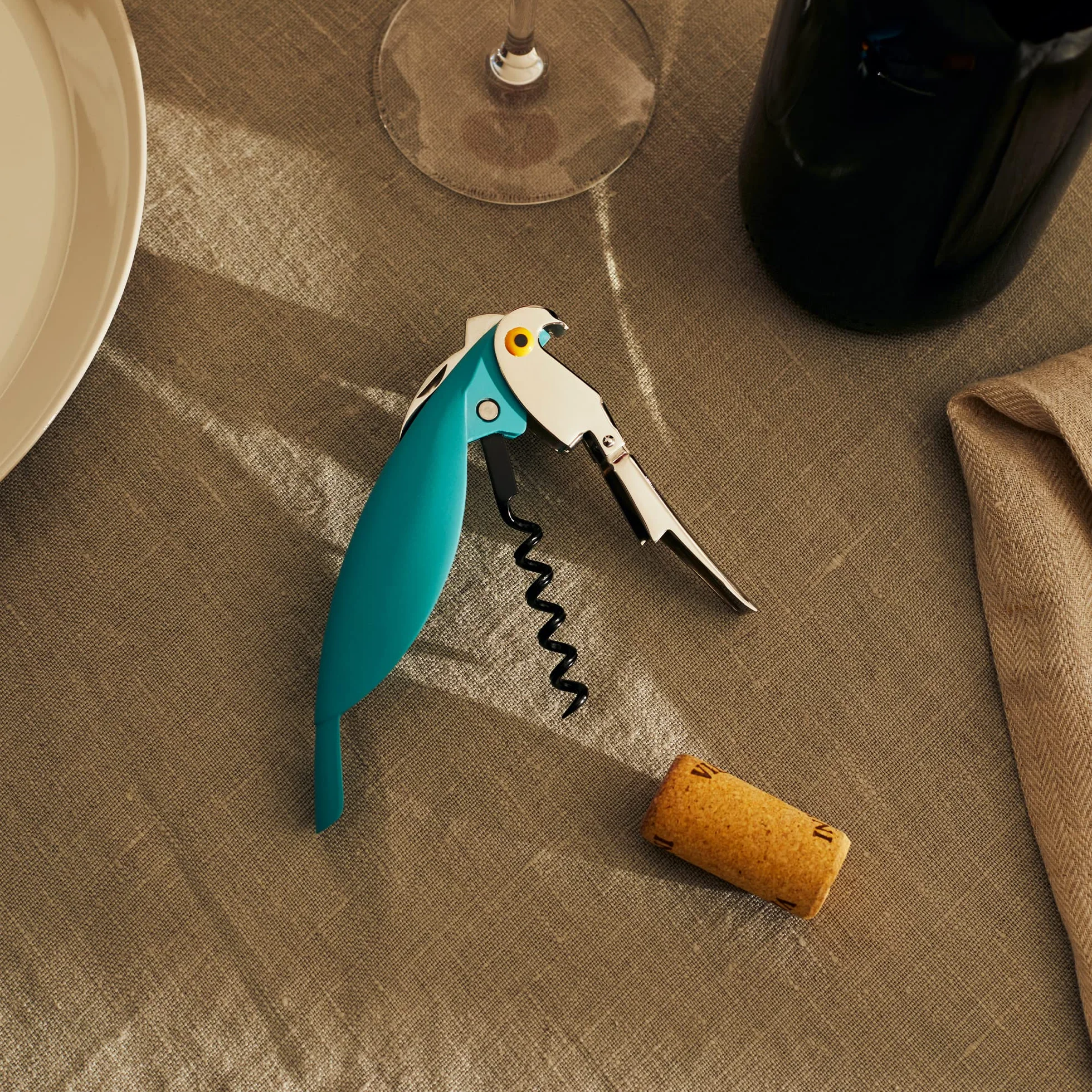 Alessi | Parrot AAM32 AZ - Sacacorchos de diseño para Sommelier, Aluminio Fundido y PC, Azul Claro