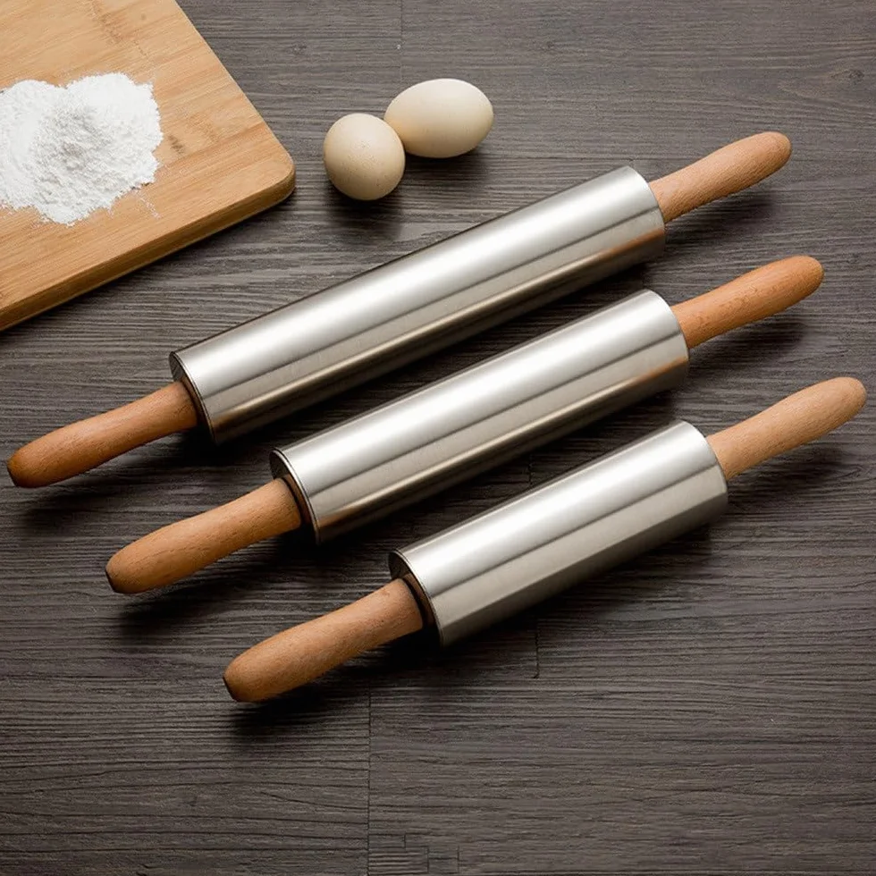 Rodillo de acero inoxidable con mango de madera, herramienta de cocina para hornear (38 cm), equipo esencial para hornear masa y pastelería hechos a mano