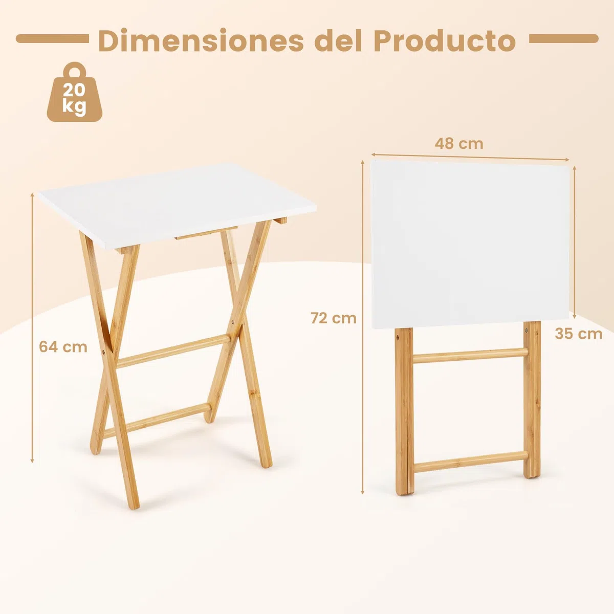 COSTWAY Juego de 2 Mesa Auxiliar Plegable de Bambú, Mesita Plegable para Sofá, 48 x 35 x 64 cm, Escritorio Pequeño Portátil para Espacios Pequeños, Cocina, Dormitorio y Salón, Blanco y Natural