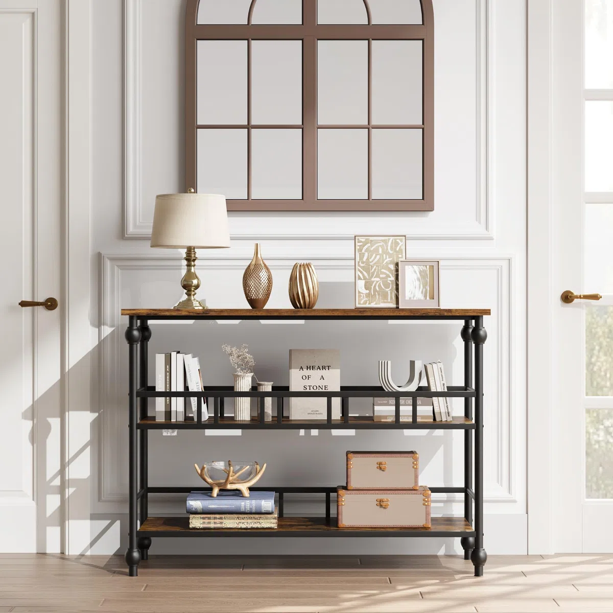 Mesa consola estrecha 43" - 3 niveles con estantes - Mesa auxiliar para entrada, detrás del sofá o pasillo - Estilo rústico con almacenamiento - Ideal para salón, dormitorio y recibidor - clásico