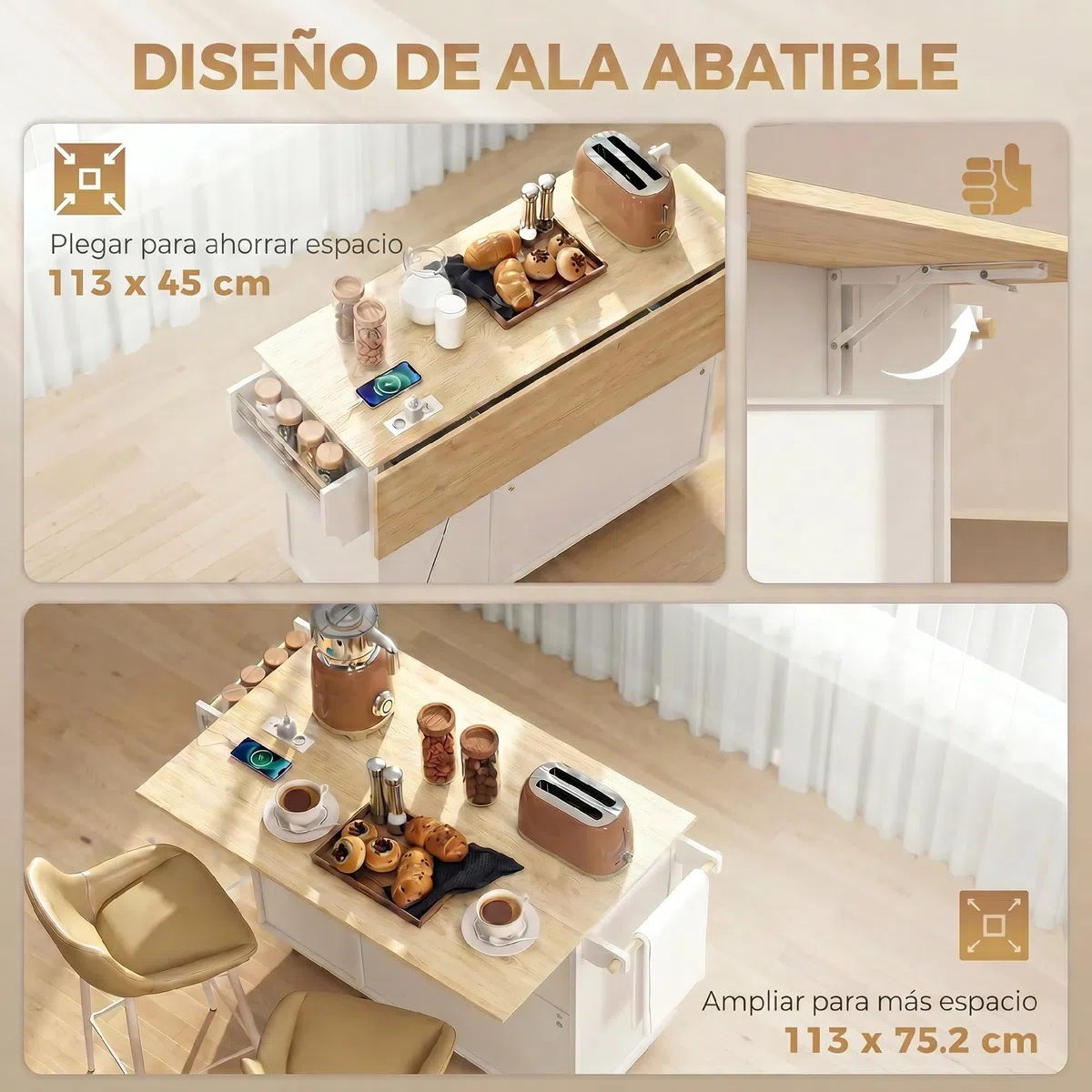 HOMCOM Isla de Cocina con Encimera Extensible y Estación de Carga, Carro de Cocina con Ruedas, 2 Puertas, 3 Cajones, Estantes Ajustables, Especiero y Toallero, Blanco