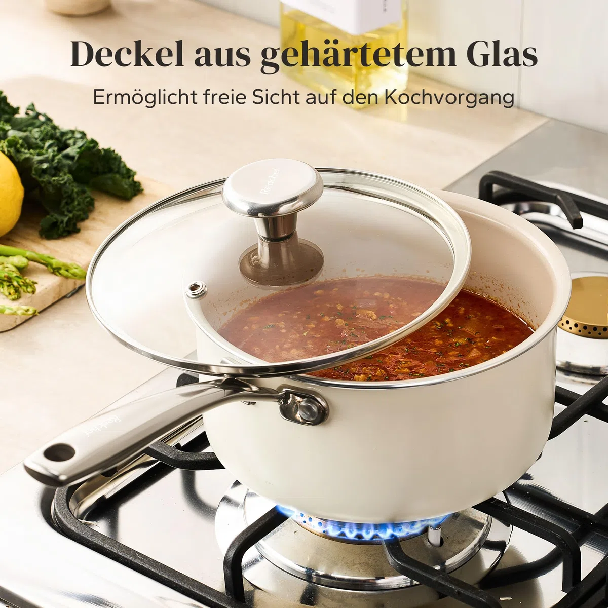 Redchef Juego de ollas de cerámica, 6 piezas para inducción, con tapa de cristal, cacerola de 24 cm, cacerola de 18 cm, 20 cm, apta para todo tipo de fuegos y hornos, apta para inducción (beige)