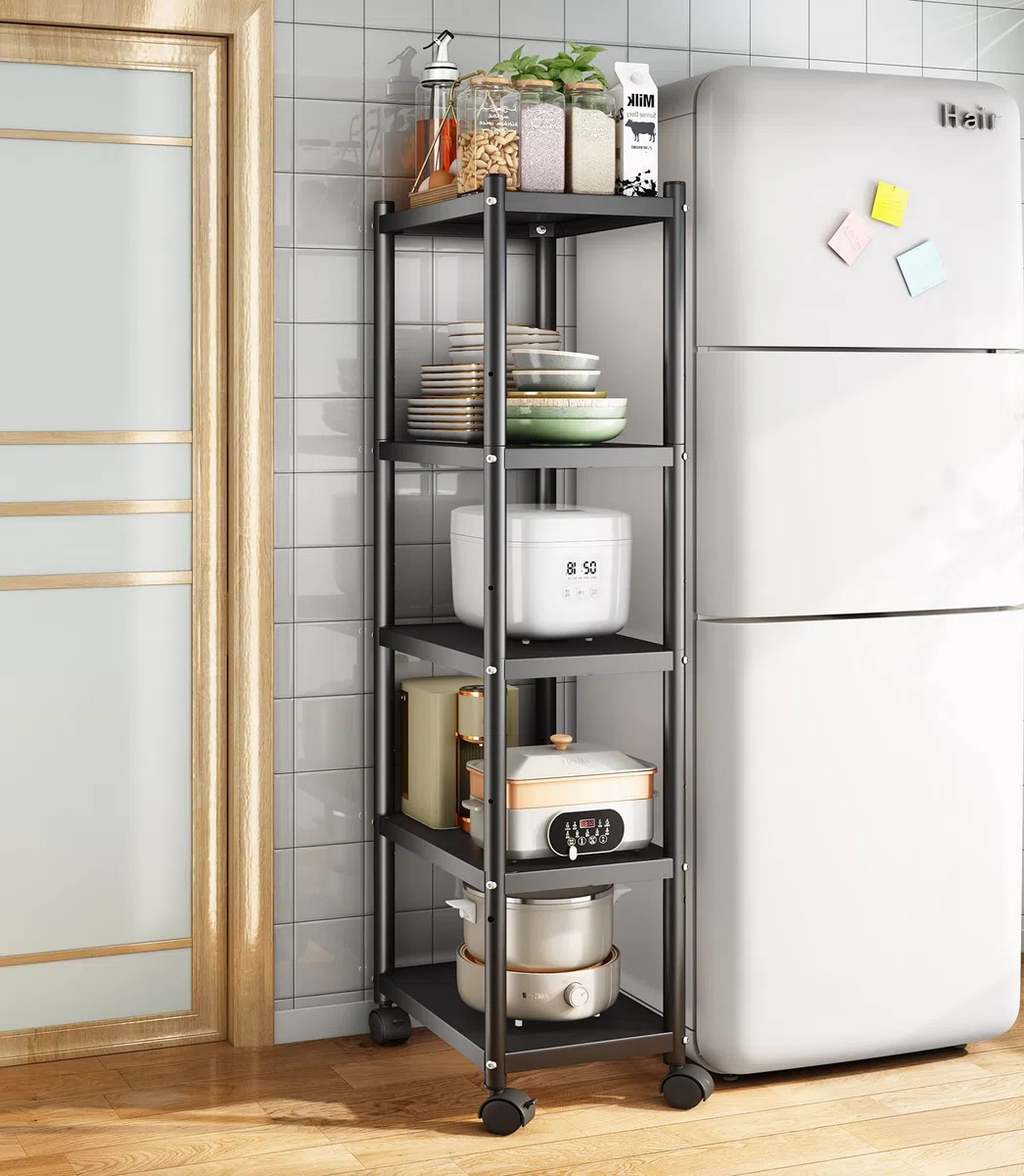 SAYZH Estanterias Almacenaje, Estantería de Metal Resistente de 5 Niveles, Estanteria Altura Ajustable Cocina con Ruedas y Patas Antideslizantes para Garaje, Cocina, Sala de Libros, Esquina, Negro