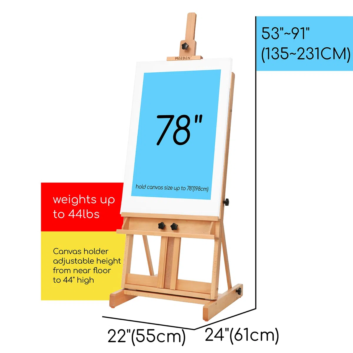 MEEDEN Clásico Estudio Caballete: H-Frame Caballete, Madera de Haya Maciza, Ideal para Aceite, Acrílico, Caseína, Bosquejos, Pintura Pastel, para Lienzos de Hasta 196cm, Natural
