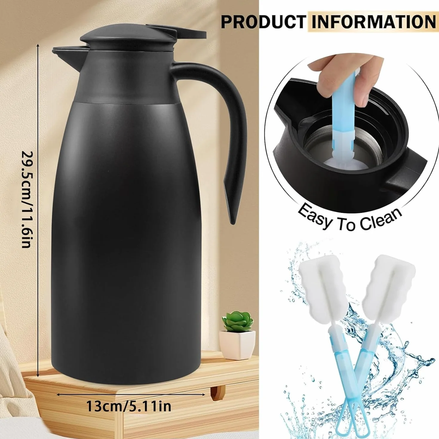 2 jarras térmicas de 2 litros, jarra térmica de acero inoxidable 304 aislada, 24 horas de aislamiento térmico, para café, té, agua, bebidas, termo (plata, negro)