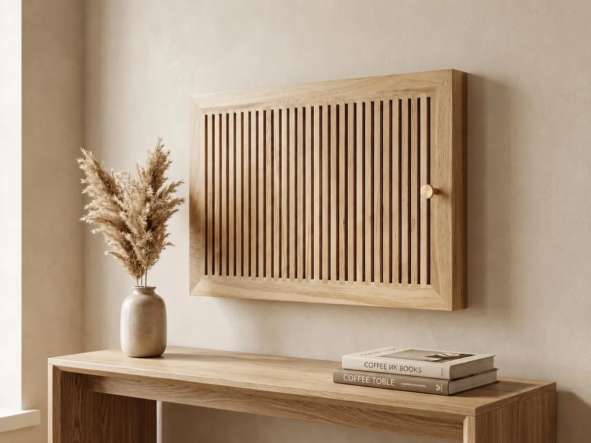 Veta Tapa Cuadro Eléctrico Decorativo de Madera de Pino | Tapa Contador Luz con Rejilla de Ventilación y Puerta Abatible | Cubre Cuadro Eléctrico y Caja para Tapar Diferenciales (41x25 cm Interior)