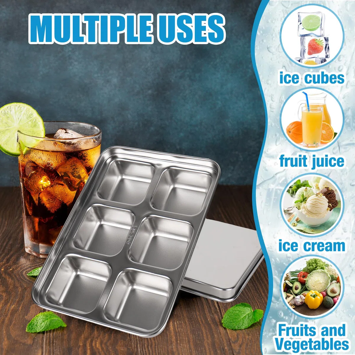 FYSUIMU Paquete de 3 bandejas de hielo de acero inoxidable para congelador, bandejas de hielo de metal con tapas para el hogar, cocina, bar, cóctel, whisky