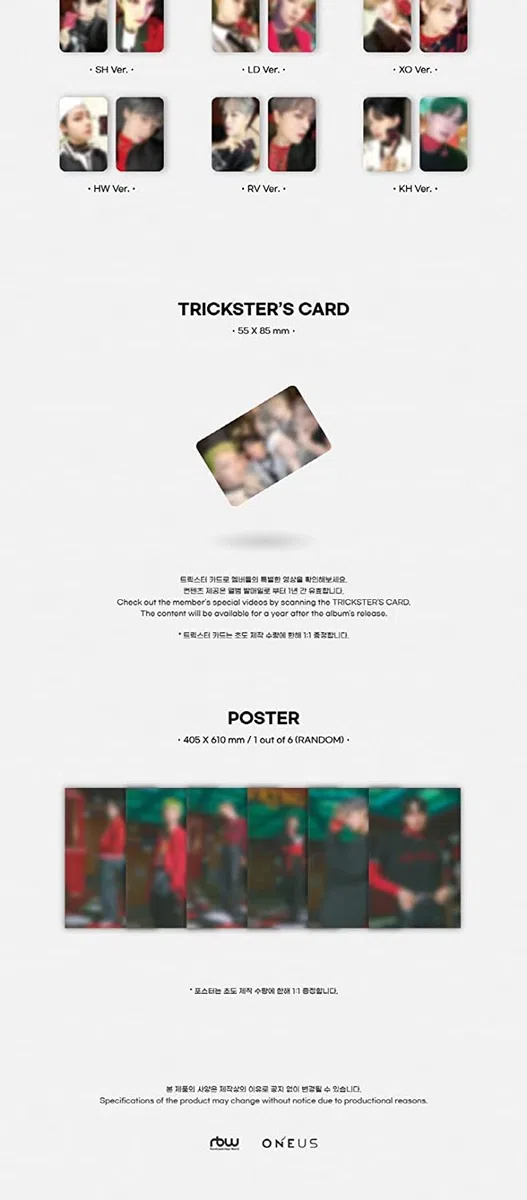 ONEUS - 7º álbum de mini álbum TRICKSTER DIGIPACK versión CD + juego de tarjetas fotográficas adicionales (juego de 6 versiones, 6 pósteres plegados)