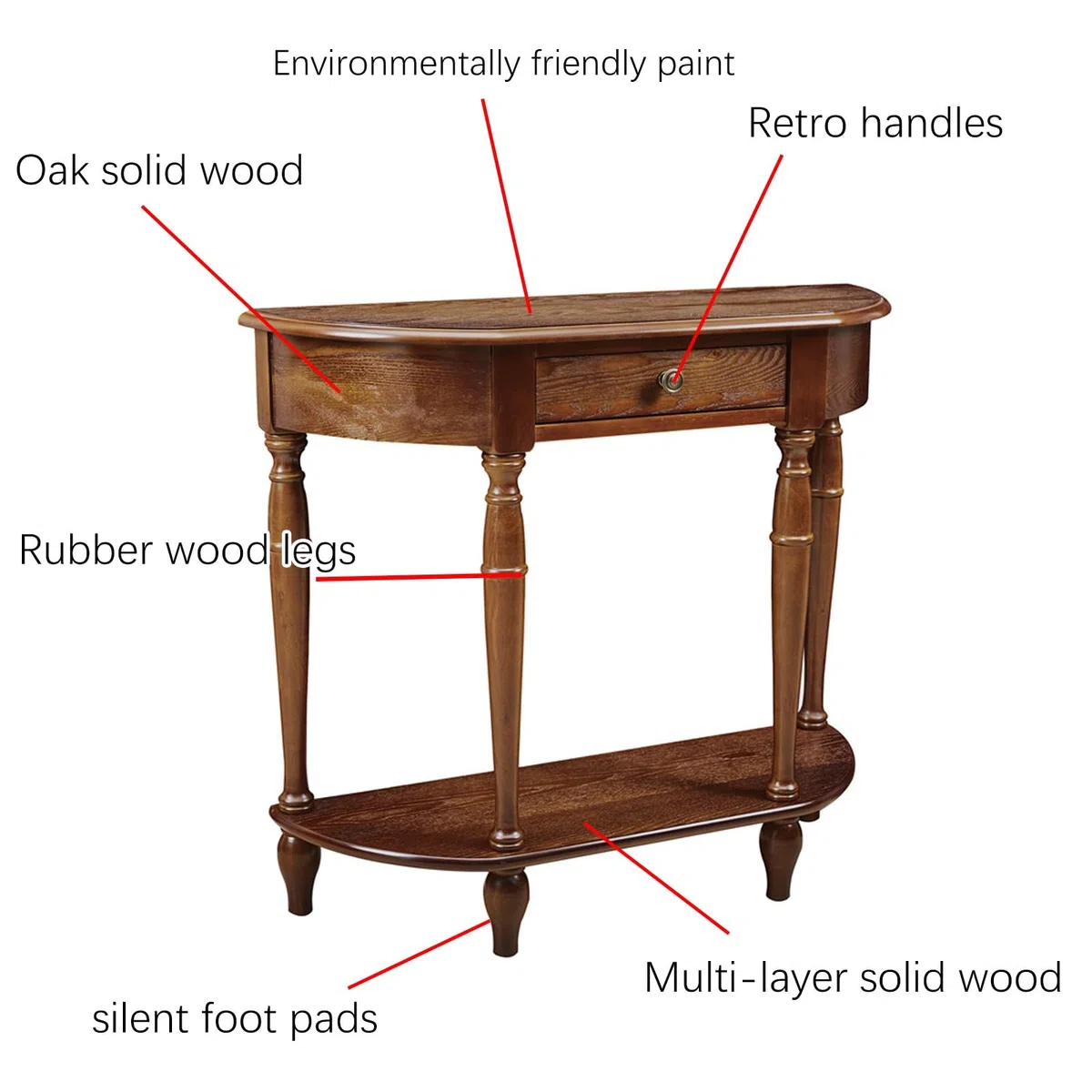 Mesa consola de media luna de madera maciza, mesa de entrada con cajón de almacenamiento, mesa de sofá semicircular para decoración de pasillo y entrada