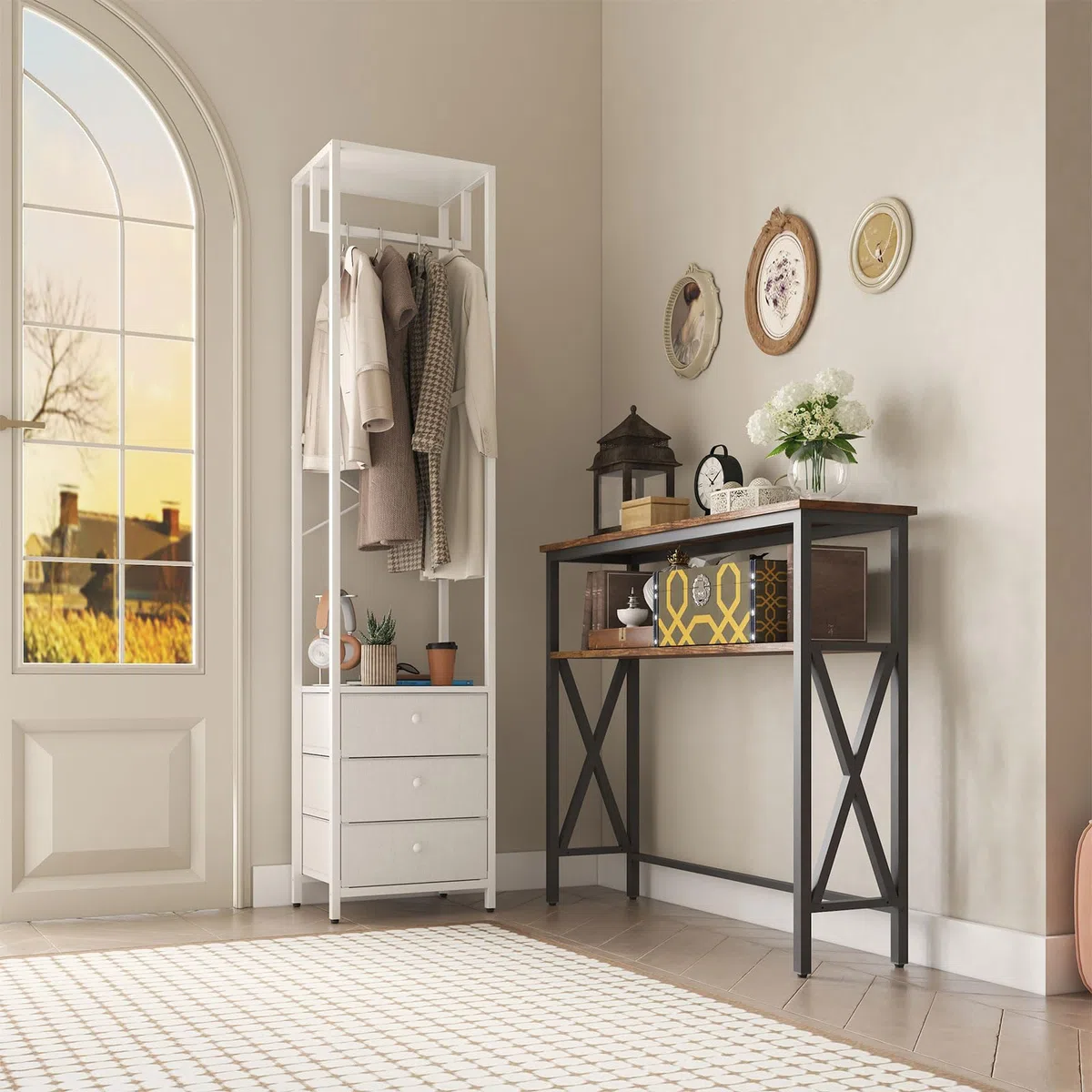 YMYNY Perchero con Cajón no Tejido, Pequeño Perchero de Esquina Almacenaje, Estantería de Almacenamiento para Salón Dormitorio Pasillo Entrada 39×29×179CM Blanco HGR001W