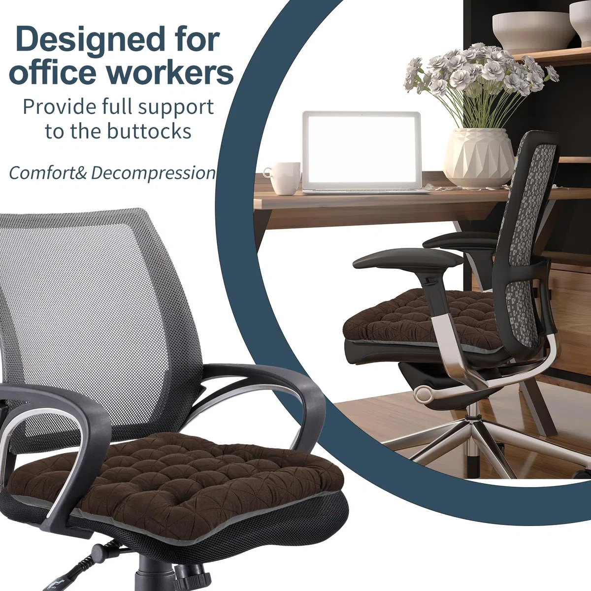 BUYUE Good Support - Cojín para silla de oficina, jacquard de lujo con cojín de asiento de silicona antideslizante, acolchado para escritorio de computadora, silla de cocina (1 unidad, marrón)
