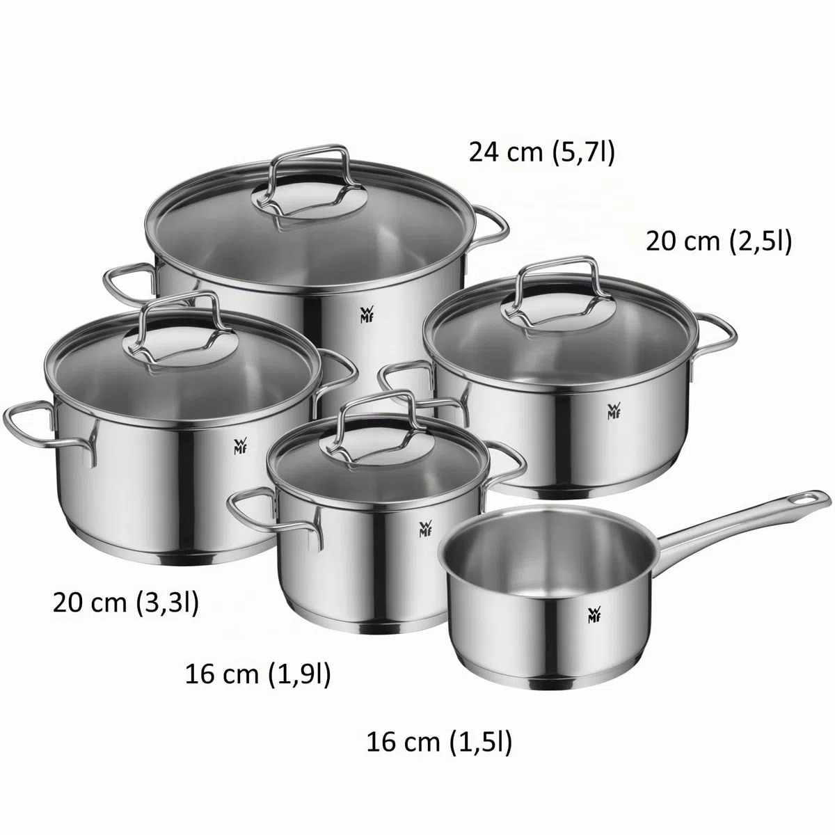 WMF Astoria - Batería de Cocina de 5 Piezas, Ollas Altas con tapas (16/20/24 cm), Olla baja con tapa (20 cm), Cazo (16 cm), Cromargan Acero Inoxidable pulido, Apto para Inducción