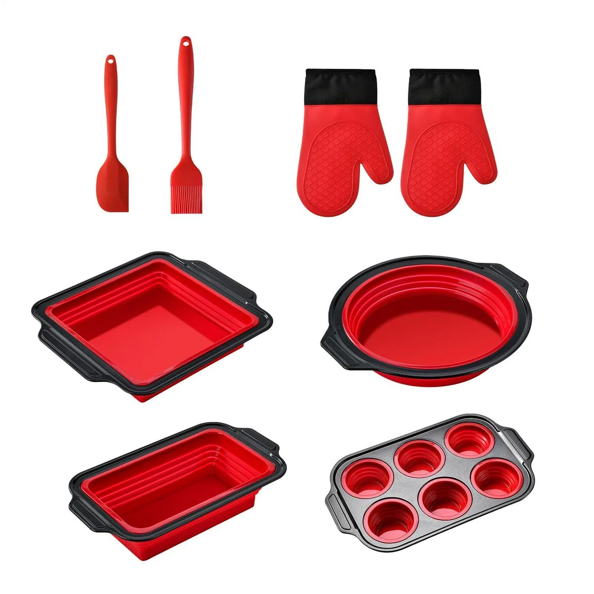 Juego de Moldes de Silicona para Hornear Vajilla Flexible para Hornear | con Guante, Rasqueta y Cepillo Set Apilable Resistente al Lavavajillas, para Magdalenas, Pan, Galletas, Cupcakes, Huevos,