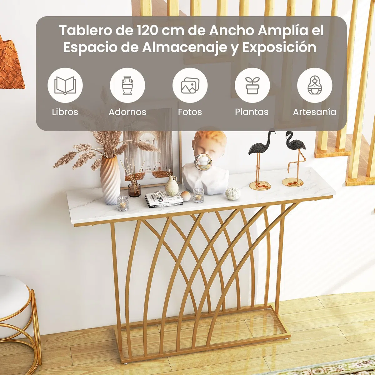 COSTWAY Mesa de Consola, Mesa de Entrada Dorada con Tapa de Mármol Blanco, Base de Diseño Geométrico, Mueble Recibidor para Sofá, Sala de Estar, Pasillo, Capacidad Máx de 20 kg, 30 x 120 x 80 cm