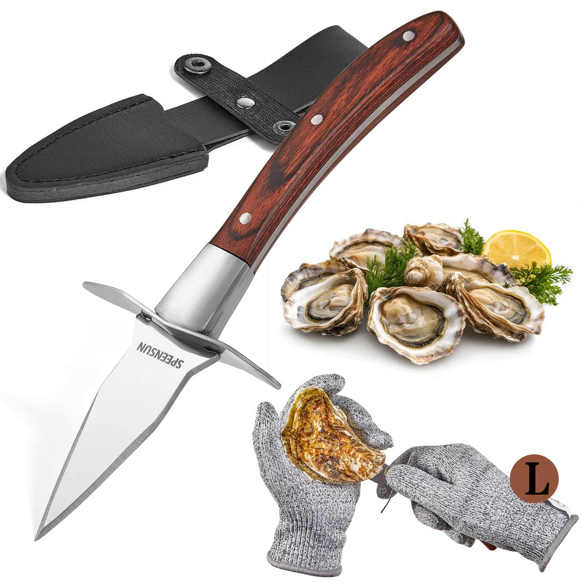 Cuchillo para desmenuzar ostras, cuchillo de ostra, resistente afilado, kit de desmontaje de ostras con mango de madera cómodo, juego de cuchillo y guantes de ostra con protección de 5 niveles, guante