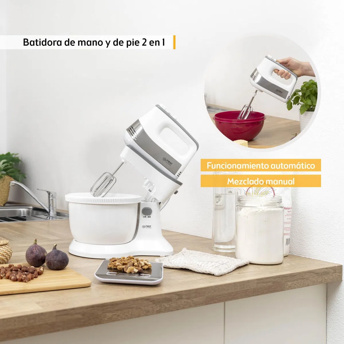 TZS First Austria Batidora de mano y de pedestal 2 en 1 | 3,4 L | Accionamiento automático | 500 W | 5 velocidades | Función turbo | con gancho para masa y varillas