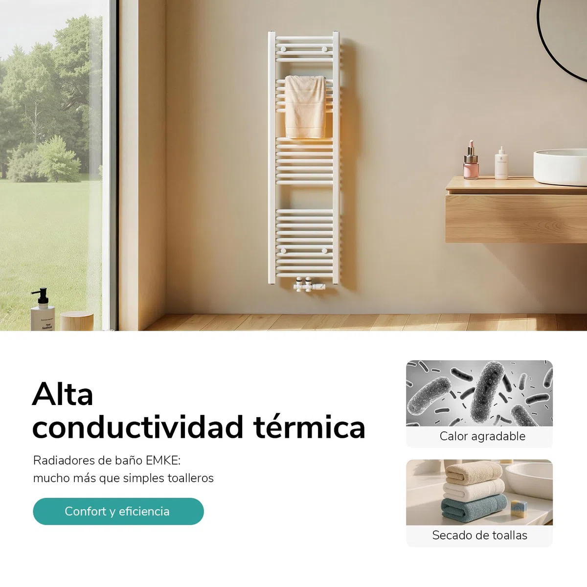 EMKE Toallero Baño Radiador, 120 x 40 cm, Tubo Redondo, Blanco | secador de Toallas con conexión Central, radiador secador de Toallas de Agua Caliente