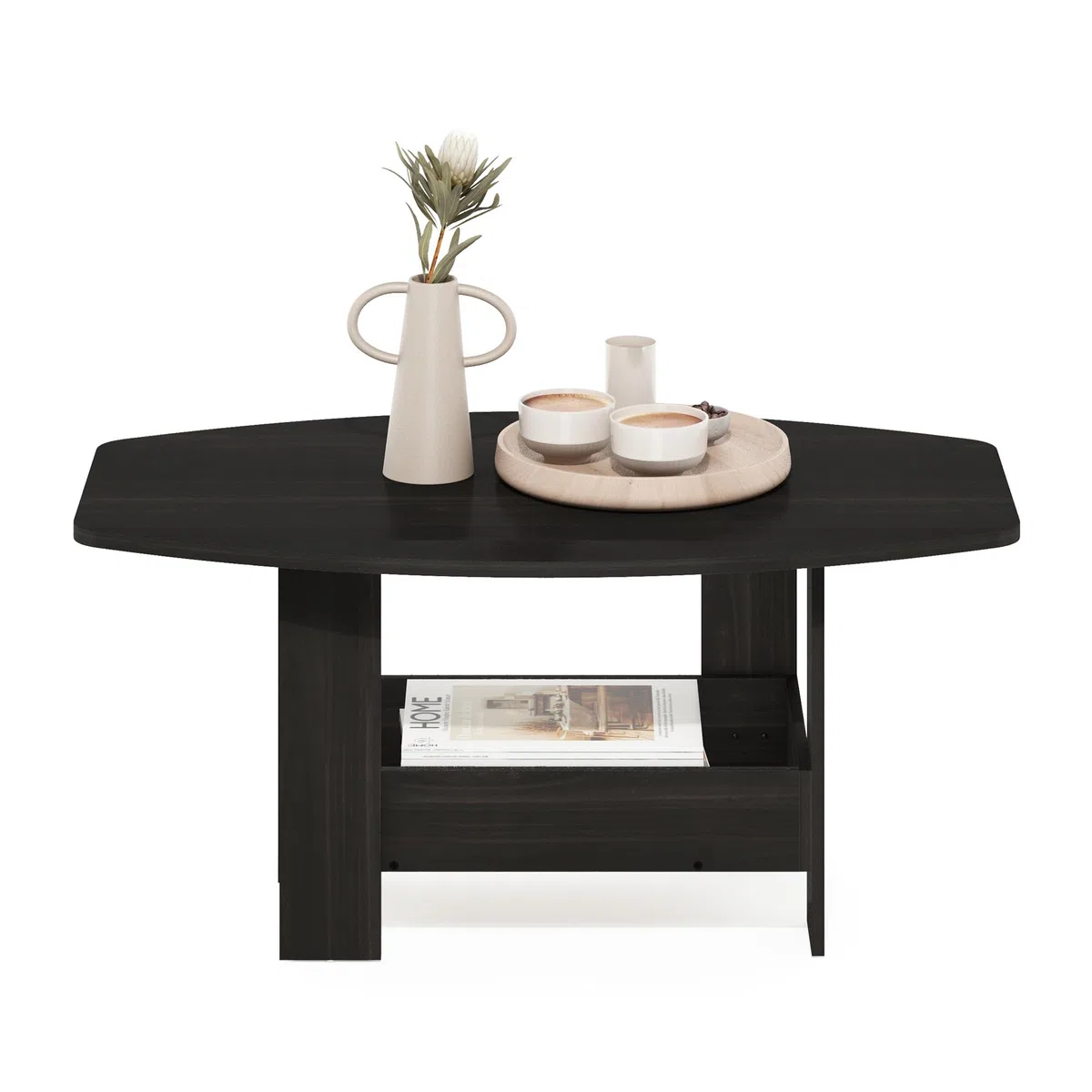 Furinno Simple Design Mesa de Centro de 2 Niveles con Estante Inferior; Mesa Auxiliar esquinera Redonda; para Sala, Dormitorio u Oficina en casa; Color Espresso