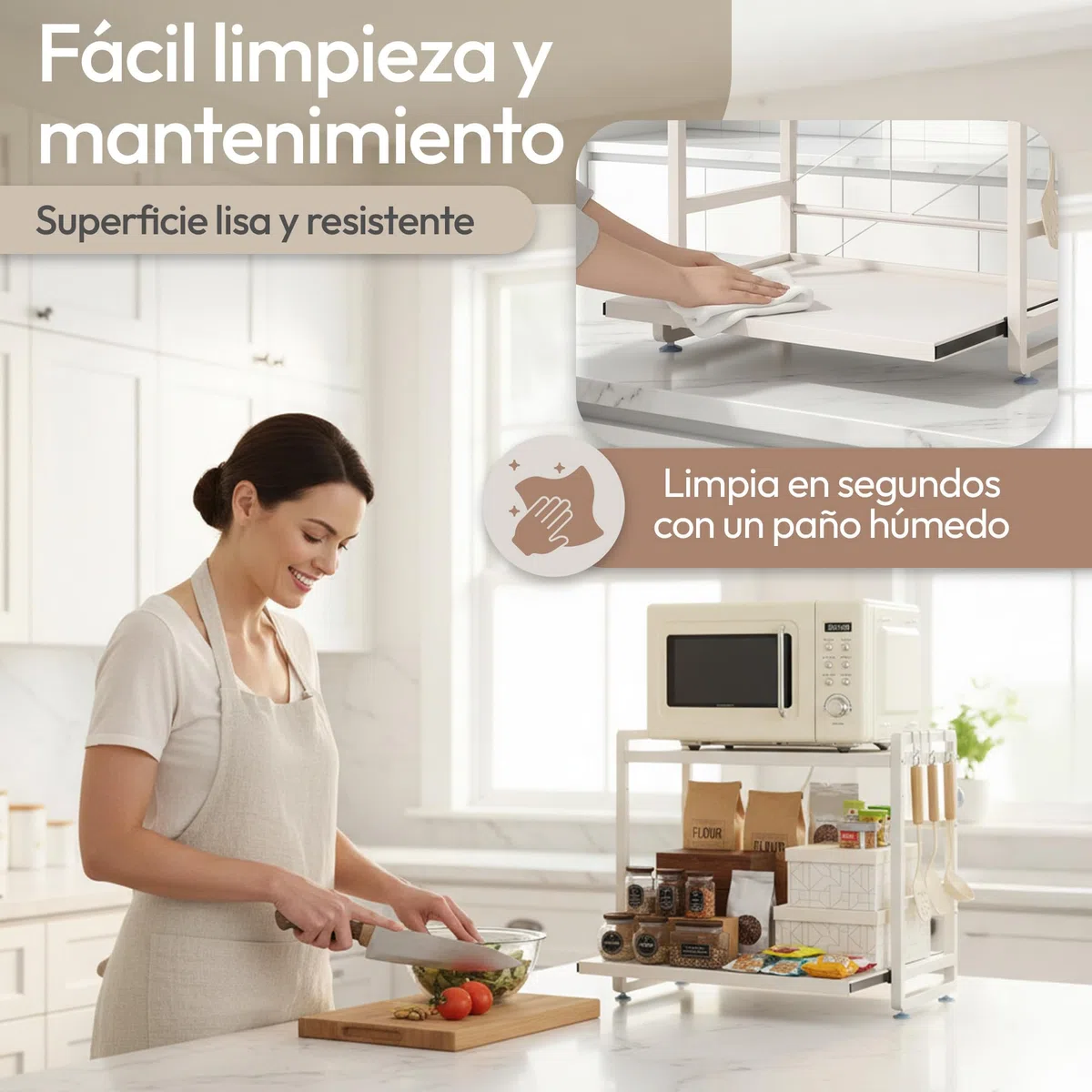 Soporte Ajustable para Microondas Blanco con Bandeja Extraíble, Estante Extensible Antideslizante con Ventosas, Organizador de Cocina Firme, Alta Resistencia y Gran Capacidad de Carga
