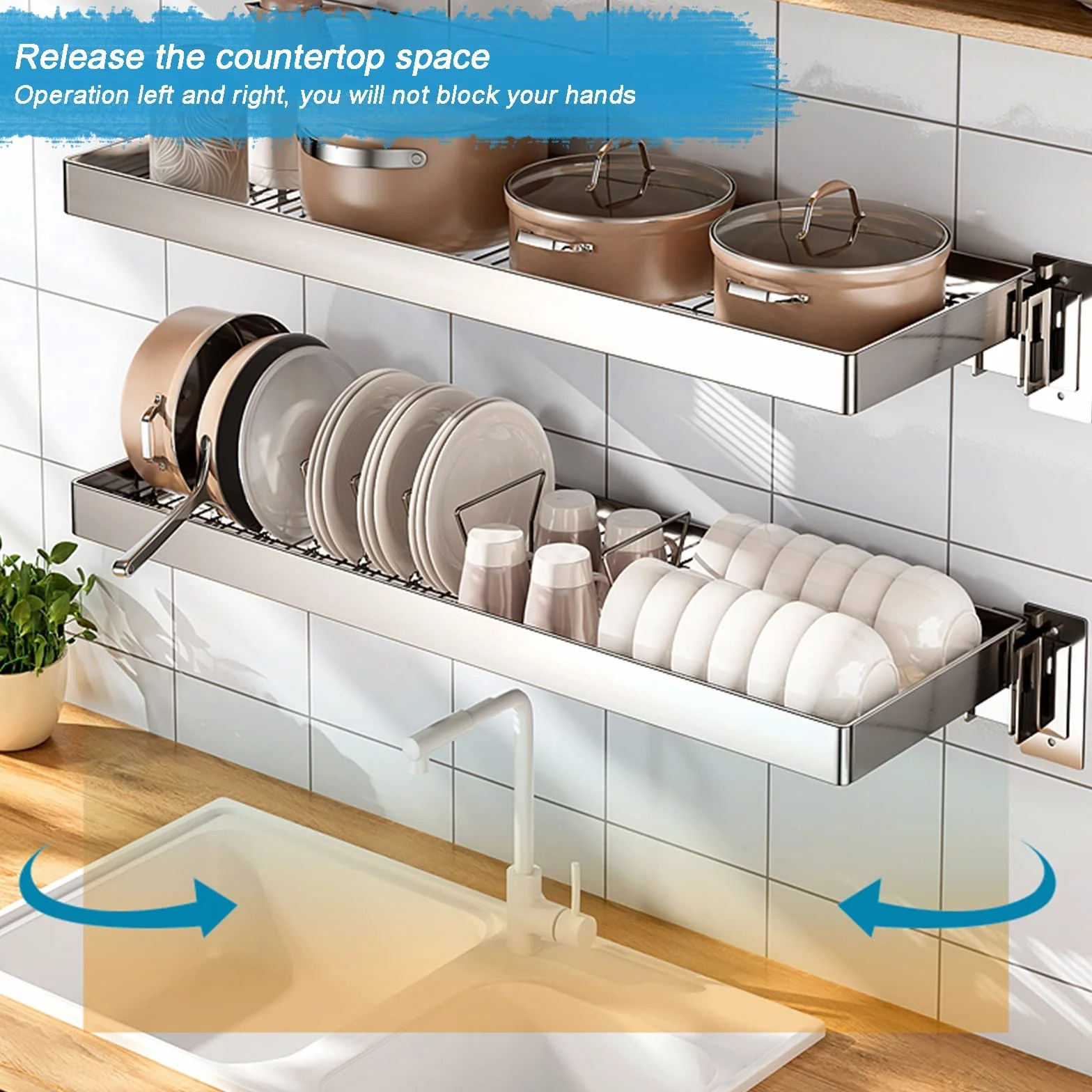 Escurridor de acero inoxidable montado en la pared para fregadero de cocina, ajustable, 55 cm, 95 cm, ahorro de espacio, 85 cm para un secado y nización eficientes