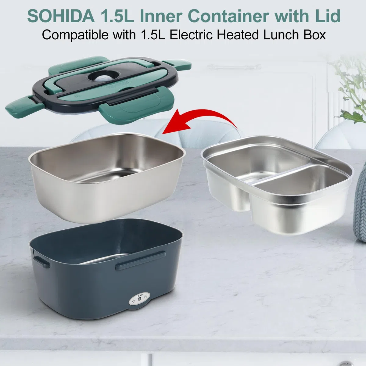 SOHIDA Contenedor interior de acero inoxidable de 1,5 L con tapa, doble compartimento, extraíble, apto para lavavajillas, compatible con lonchera eléctrica de 1,5 L, fácil de limpiar